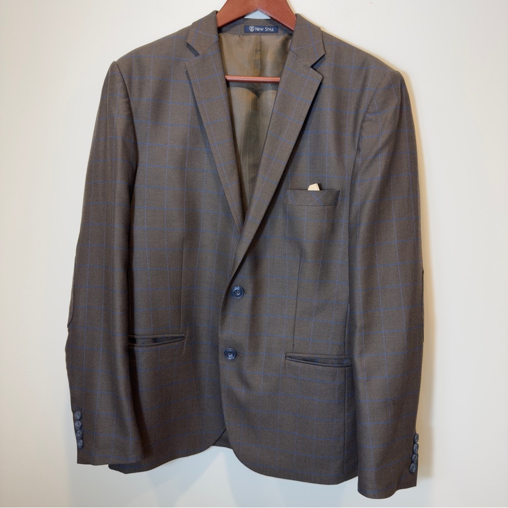 Men’s Brown Single Breasted Checked Blazer Sport Casual Classic Wool Blend Coat